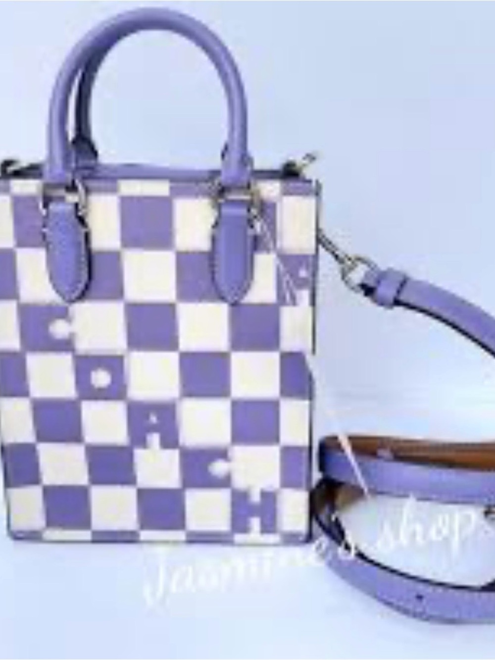 Coach Lavender and White Checkered Tote with Removable Strap